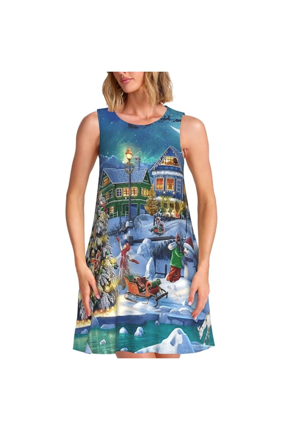 Christmas Tree Pattern Women's Summer Dresses 2025 Beach Casual Sleeveless Tank Loose Sundress Beach Vacation Clothes with Pocket -3X-Large