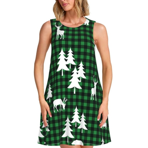 Defioc Christmas tree green plaid Pattern Women's Summer Dresses 2025 Beach Casual Sleeveless Tank Loose Sundress Beach Vacation Clothes with Pocket -XX-Large