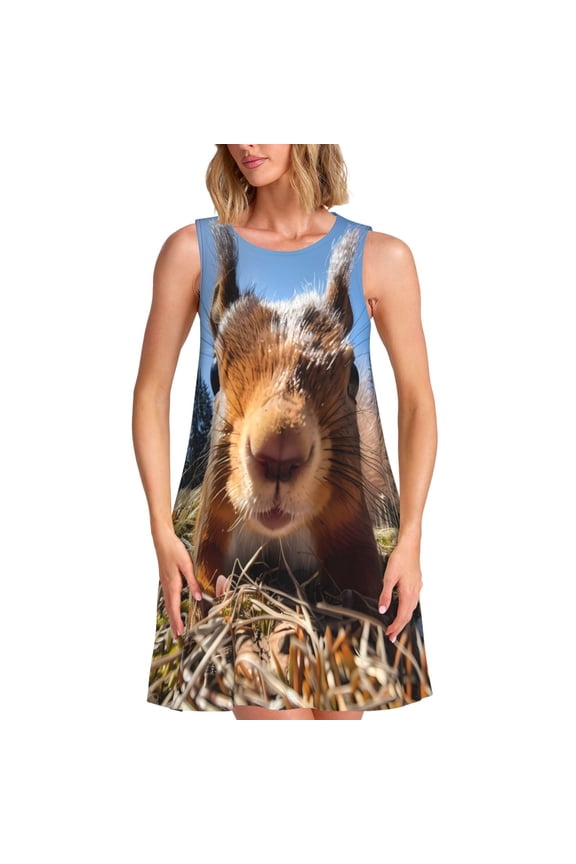 Close-Up Curious Squirrel Pattern Women's Summer Dresses 2025 Beach Casual Sleeveless Tank Loose Sundress Beach Vacation Clothes with Pocket -3X-Large