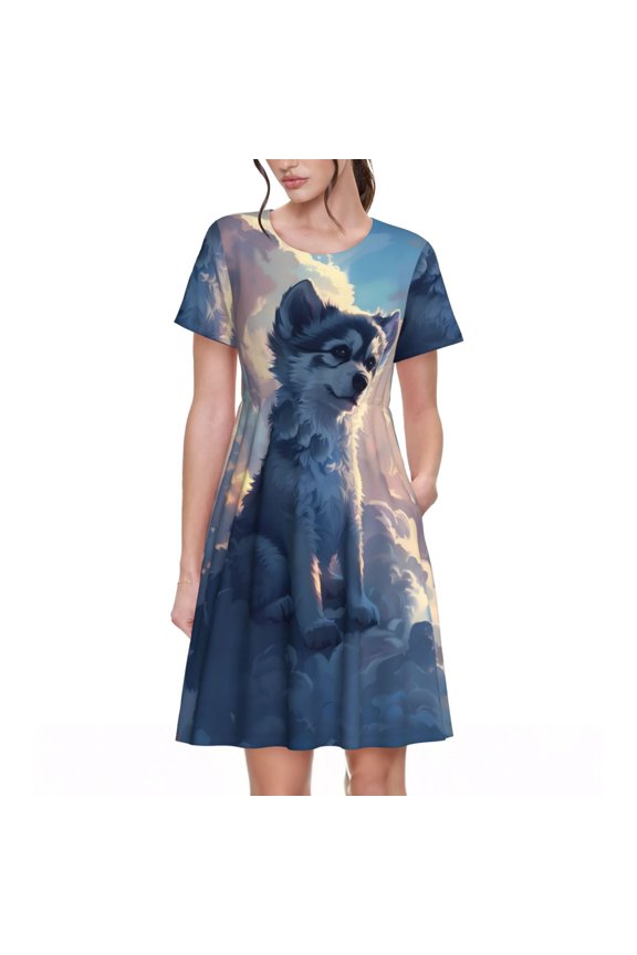 Cloud Wolf Pattern Womens Summer Dresses Short Sleeve Sundress 2025 Beach Vacation Dresses with Pockets -X-Large