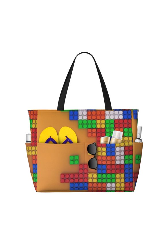 Colorful Building Blocks A Pattern Beach Bag for Women - Large Beach Tote Bag Waterproof Sandproof Swim Pool Bag Everyday Bag Handbags with Zipper