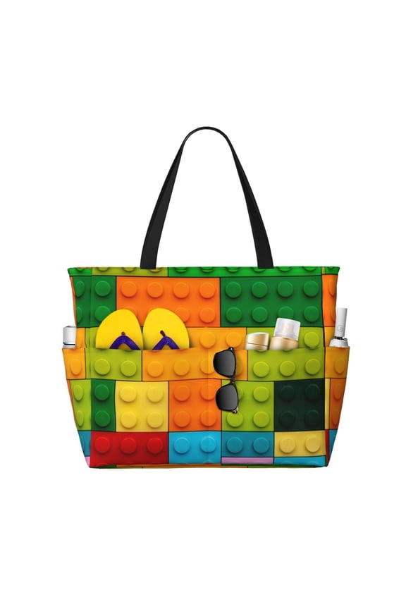 Colorful Building Blocks Pattern Beach Bag for Women - Large Beach Tote Bag Waterproof Sandproof Swim Pool Bag Everyday Bag Handbags with Zipper