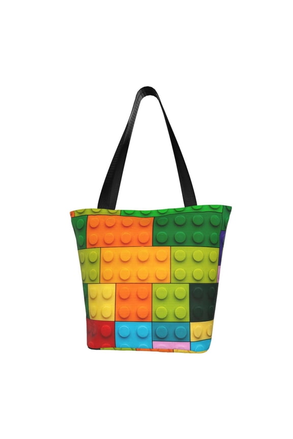 Colorful Building Blocks Print Tote Bag for Women,Shoulder Bag with Zipper Casual Tote's Handbag Big Capacity Shoulder Bag with Inner Pocket Fit for Shopping,Office,Travel