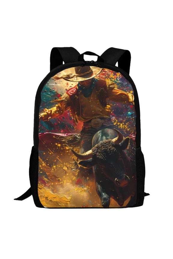 Colorful Bull Western Man Pattern Carry on Backpack,16.5x12.5x5.5 Personal Item Bag Carry On Backpack Water Resistant Lightweight Daypack