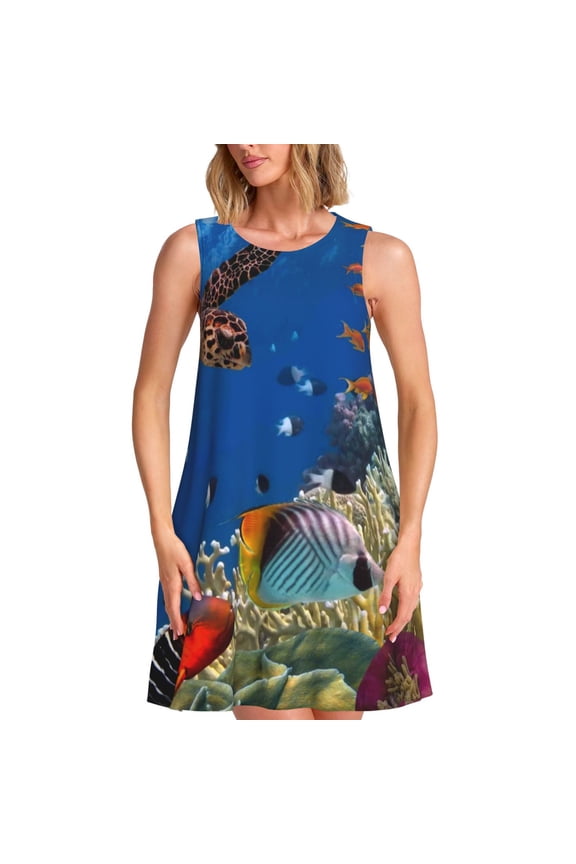 Colorful Coral Reef Pattern Women's Summer Dresses 2025 Beach Casual Sleeveless Tank Loose Sundress Beach Vacation Clothes with Pocket -XX-Large