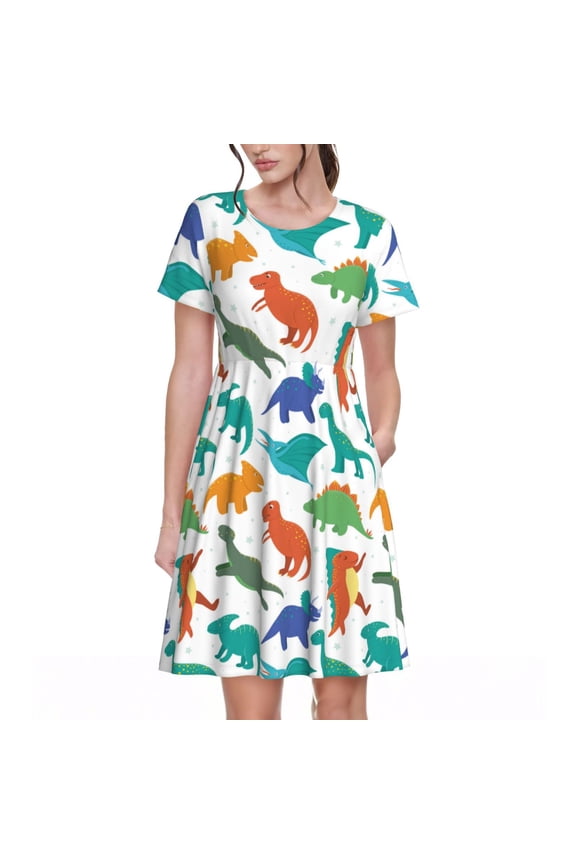 Colorful Dinosaur Pattern Womens Summer Dresses Short Sleeve Sundress 2025 Beach Vacation Dresses with Pockets -Medium