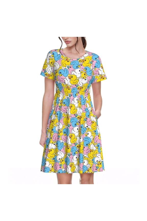 Colorful Duck Pattern Womens Summer Dresses Short Sleeve Sundress 2025 Beach Vacation Dresses with Pockets -Small