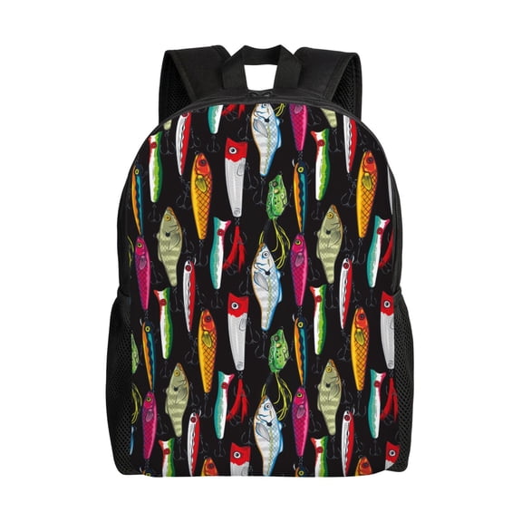 Defioc Colorful Fishing Lures Print Backpack -Travel,or Work Bookbag Daypacks with 15-Inch Laptop Sleeve and Dual Water Bottle Pockets