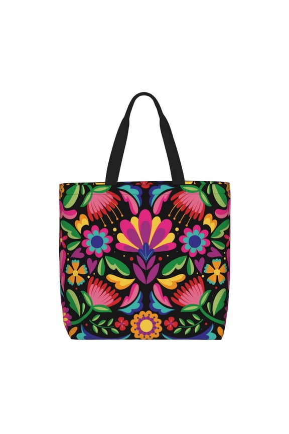 Colorful Floral Embroidery Mexican Pattern Tote Bag for Women,Large Capacity Tote Bag with Zipper Casual Shoulder Handbags Shopping Bag