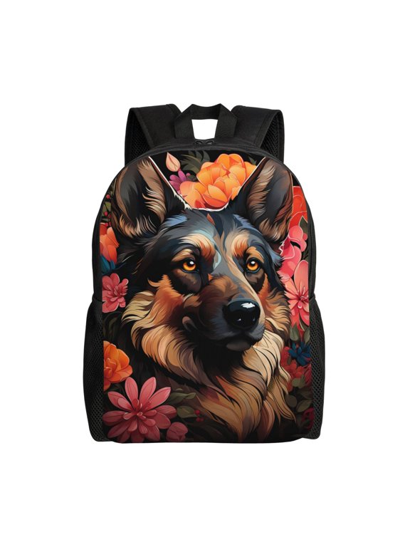 Colorful Flower German Shepherd Print Backpack -Travel,or Work Bookbag Daypacks with 15-Inch Laptop Sleeve and Dual Water Bottle Pockets