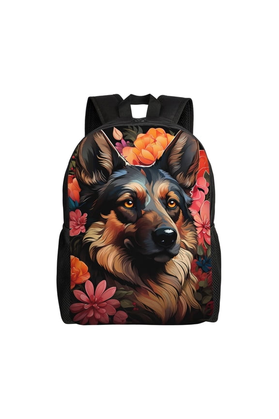 Colorful Flower German Shepherd Print Backpack -Travel,or Work Bookbag Daypacks with 15-Inch Laptop Sleeve and Dual Water Bottle Pockets