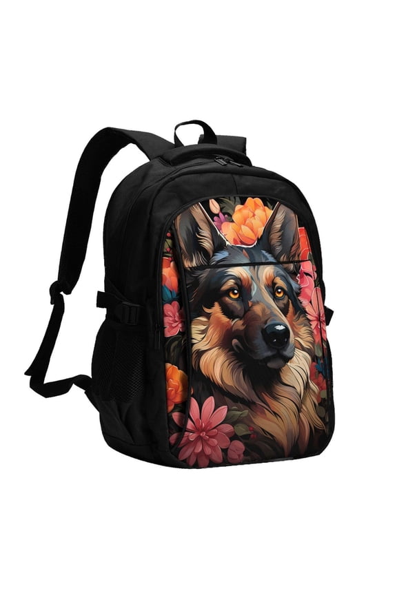 Colorful Flower German Shepherd for Travel Backpack for Women,15.6 inch Laptop Backpack Carry On Backpack Personal Item Travel Bag Daypack for School Weekender Business Trip