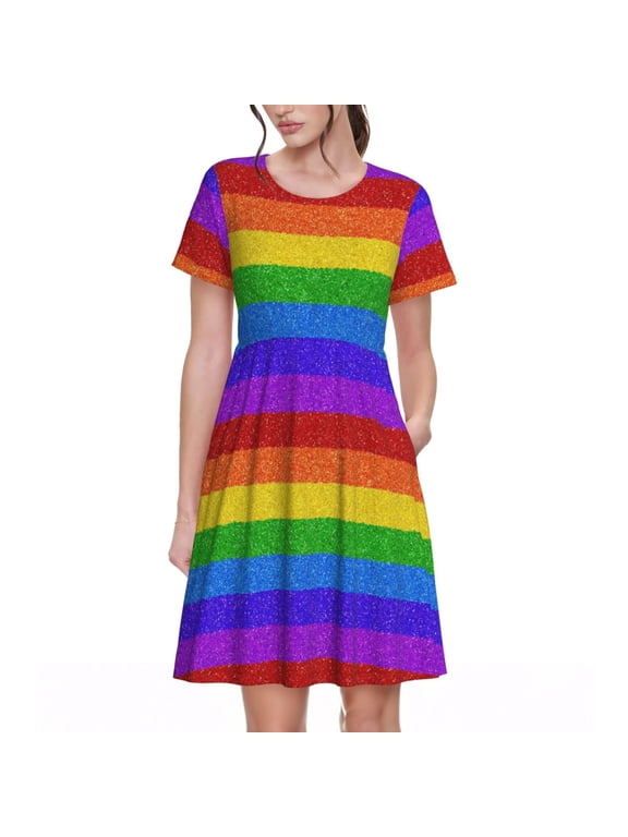 Colorful Glitter Rainbow Pattern Womens Summer Dresses Short Sleeve Sundress 2025 Beach Vacation Dresses with Pockets -Small