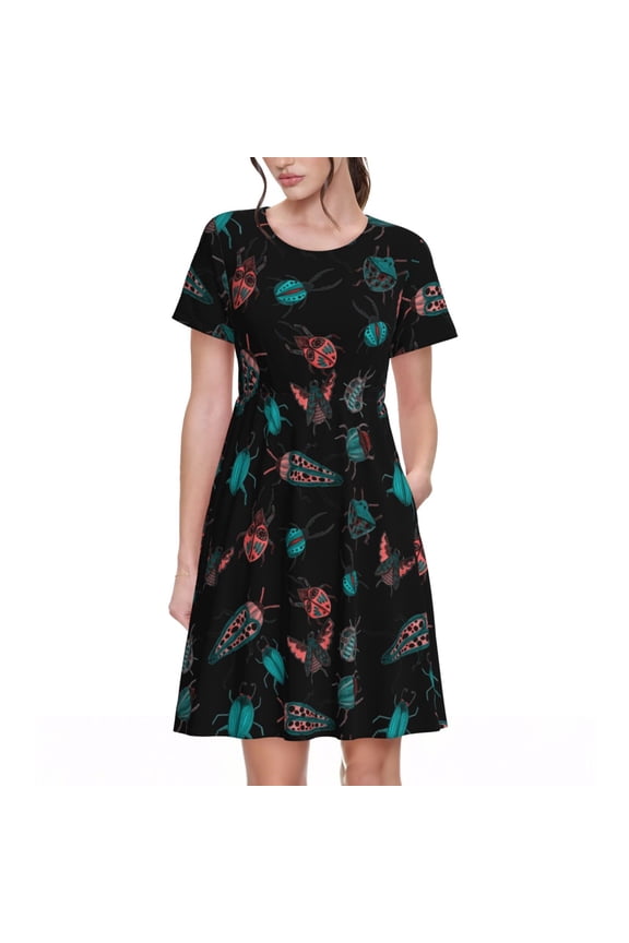 Colorful Insect Pattern Womens Summer Dresses Short Sleeve Sundress 2025 Beach Vacation Dresses with Pockets -Medium