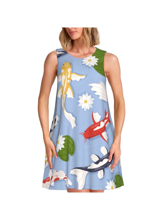 Colorful Koi Fish Pattern Women's Summer Dresses 2025 Beach Casual Sleeveless Tank Loose Sundress Beach Vacation Clothes with Pocket -Small