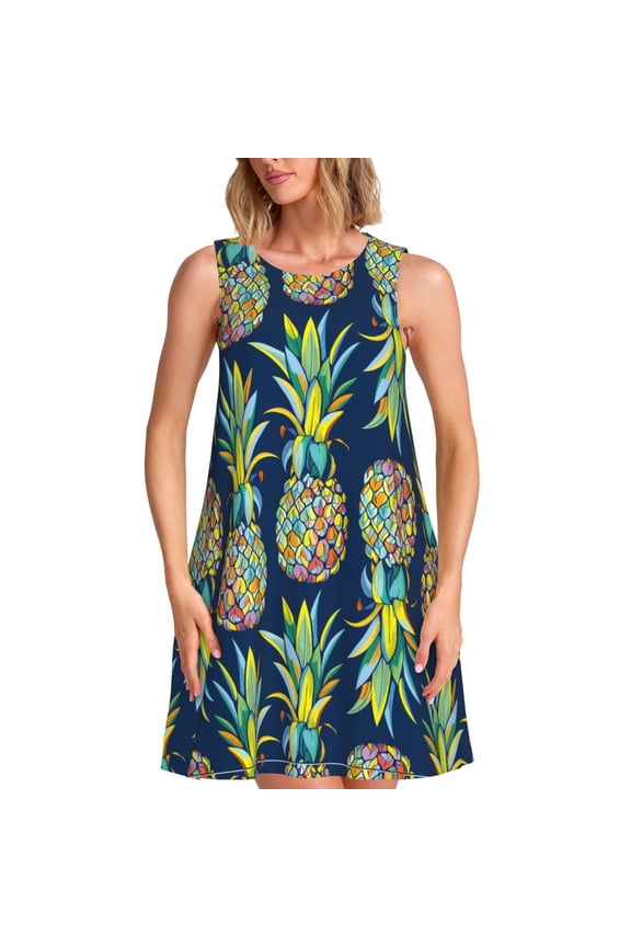 Colorful Pineapples Pattern Women's Summer Dresses 2025 Beach Casual Sleeveless Tank Loose Sundress Beach Vacation Clothes with Pocket -3X-Large