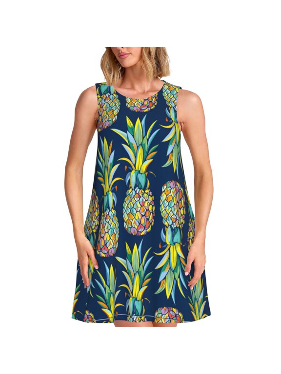 Colorful Pineapples Pattern Women's Summer Dresses 2025 Beach Casual Sleeveless Tank Loose Sundress Beach Vacation Clothes with Pocket -Medium