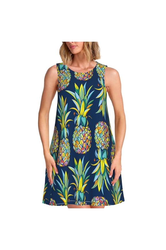Colorful Pineapples Pattern Women's Summer Dresses 2025 Beach Casual Sleeveless Tank Loose Sundress Beach Vacation Clothes with Pocket -Small