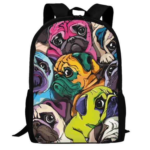 Defioc Colorful Pug Pattern Carry on Backpack,16.5x12.5x5.5 Personal Item Bag Carry On Backpack Water Resistant Lightweight Daypack