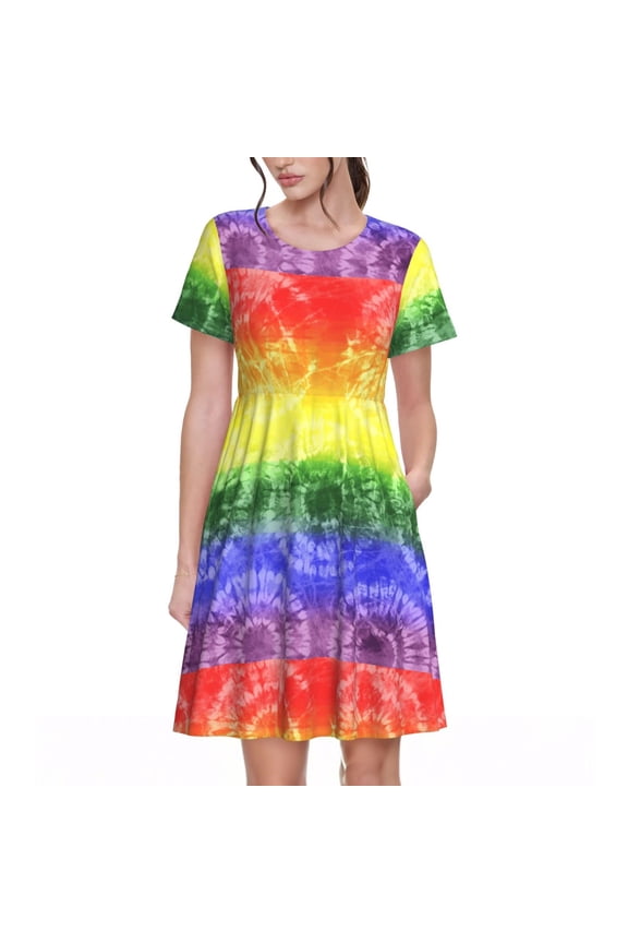Colorful Tie Dye Pattern Womens Summer Dresses Short Sleeve Sundress 2025 Beach Vacation Dresses with Pockets -Small