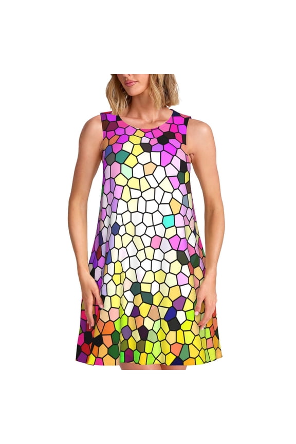 Colorful Tie Dye Stained Glass 3 Pattern Women's Summer Dresses 2025 Beach Casual Sleeveless Tank Loose Sundress Beach Vacation Clothes with Pocket -Medium