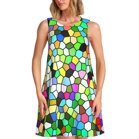Defioc Colorful Tie Dye Stained Glass Pattern Women's Summer Dresses 2025 Beach Casual Sleeveless Tank Loose Sundress Beach Vacation Clothes with Pocket -Small