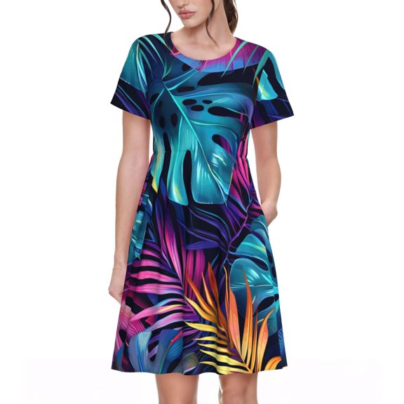 Defioc Colorful Tropical Leaves Pattern Womens Summer Dresses Short Sleeve Sundress 2025 Beach Vacation Dresses with Pockets -Small