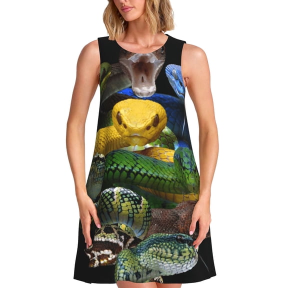 Defioc Colorful Viper Snake Pattern Women's Summer Dresses 2025 Beach Casual Sleeveless Tank Loose Sundress Beach Vacation Clothes with Pocket -X-Large