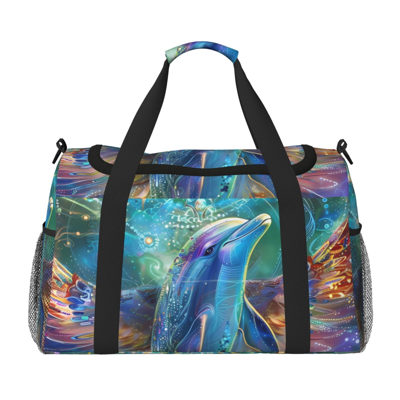 Defioc Colorful Winged Dolphin Print Hand Travel Bag - Foldable Travel Duffel Bags for Men Women -Sport Gym Bag - Overnight Travel Duffel Bag - Adjustable Shoulder Strap