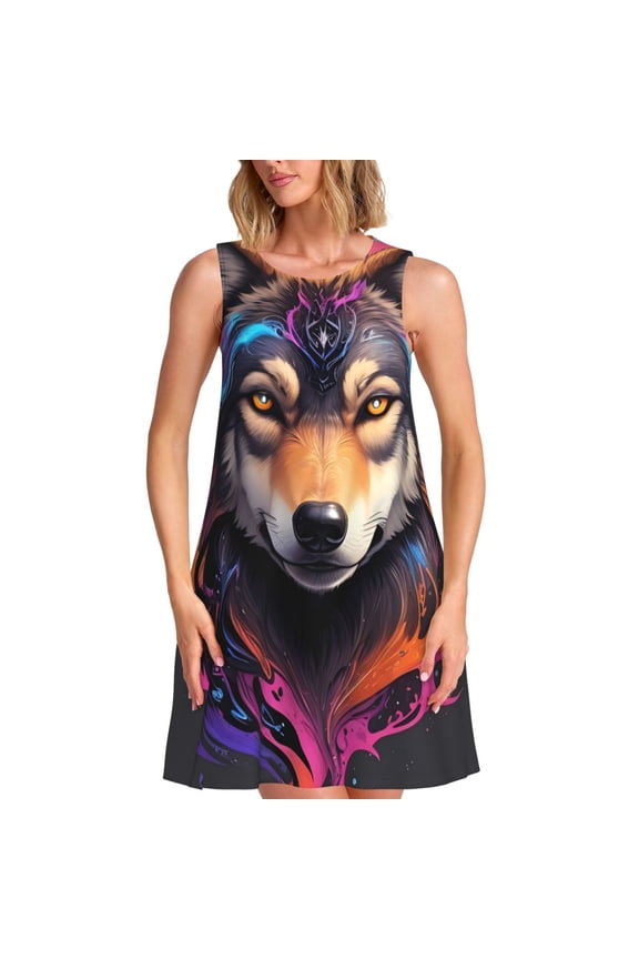 Colorful Wolf Head Pattern Women's Summer Dresses 2025 Beach Casual Sleeveless Tank Loose Sundress Beach Vacation Clothes with Pocket -Medium
