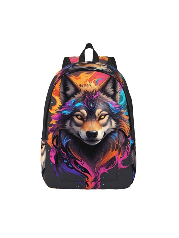 Colorful Wolf Head for Canvas Backpack,Travel Rucksack Unisex Knapsack Laptop Backpack for Work & College -Medium
