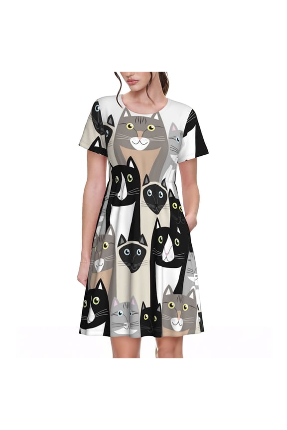 Colors Cats Pattern Womens Summer Dresses Short Sleeve Sundress 2025 Beach Vacation Dresses with Pockets -XX-Large