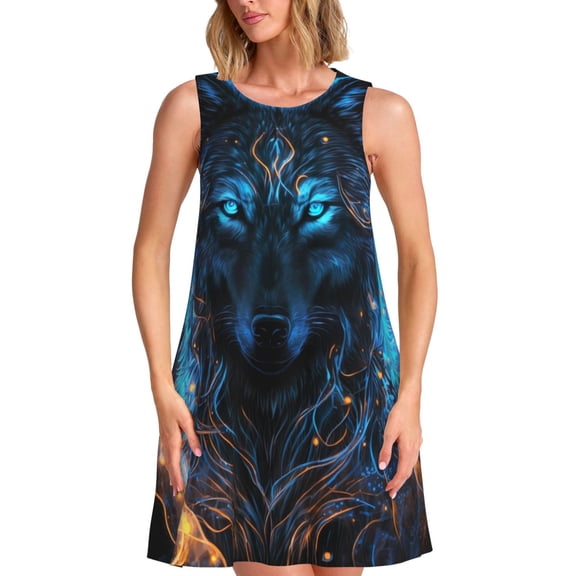 Defioc Cool Blue Light Wolf Pattern Women's Summer Dresses 2025 Beach Casual Sleeveless Tank Loose Sundress Beach Vacation Clothes with Pocket -Large
