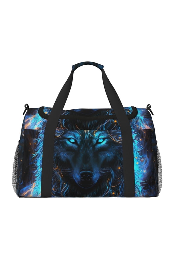 Cool Blue Light Wolf Print Hand Travel Bag - Foldable Travel Duffel Bags for Men Women -Sport Gym Bag - Overnight Travel Duffel Bag - Adjustable Shoulder Strap
