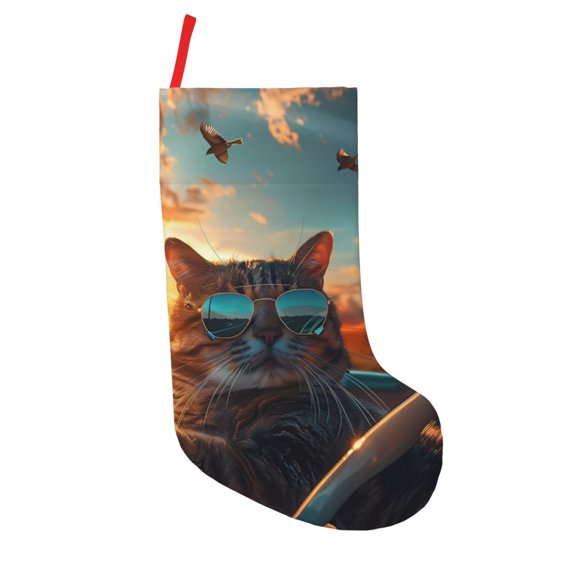 Defioc Cool Cat Driving Sunset for Christmas Stockings 18" Personalized Holiday Stocking for Family, Farmhouse Decor, Xmas Tree Decoration, 1 Pack