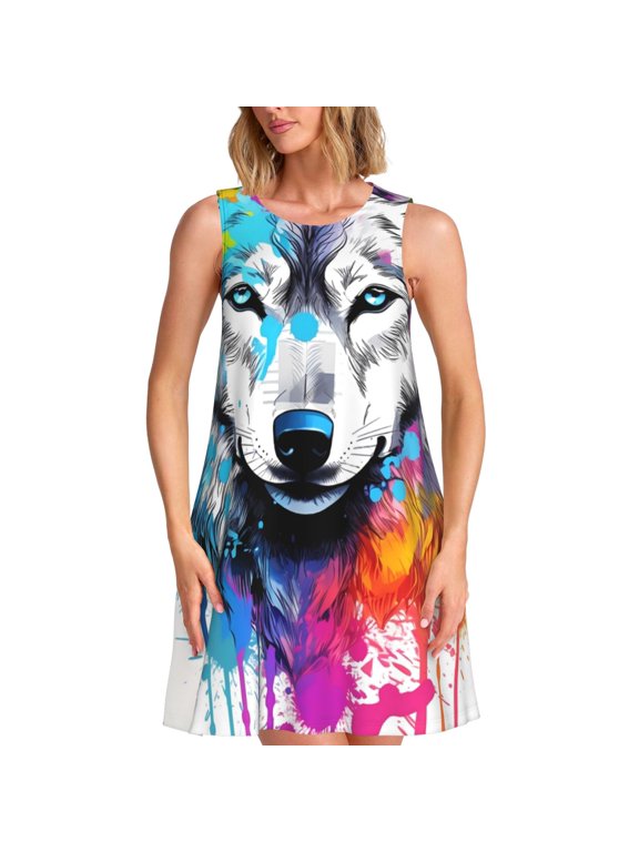 Cool Colorful Wolf Pattern Women's Summer Dresses 2025 Beach Casual Sleeveless Tank Loose Sundress Beach Vacation Clothes with Pocket -XX-Large