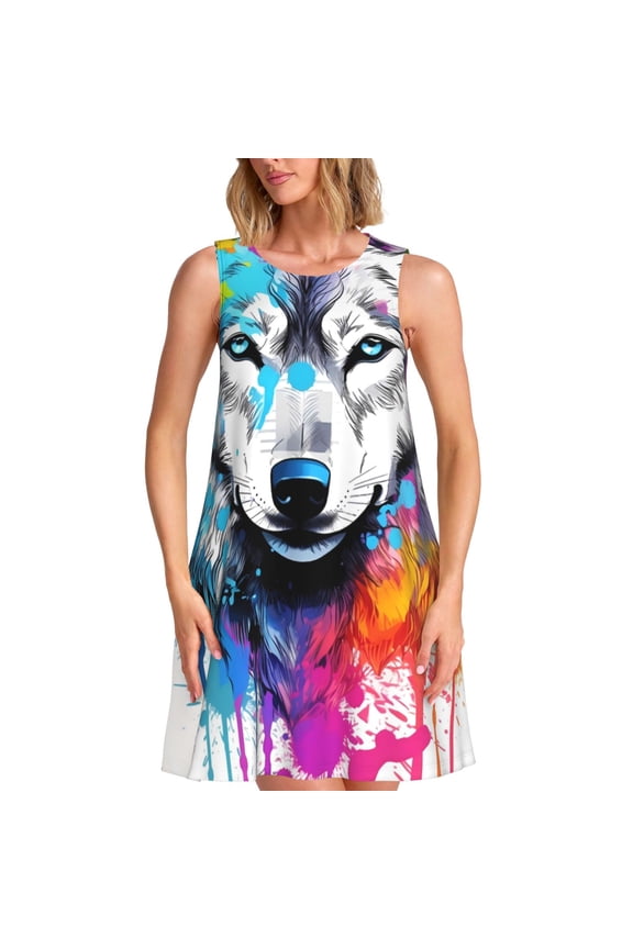 Cool Colorful Wolf Pattern Women's Summer Dresses 2025 Beach Casual Sleeveless Tank Loose Sundress Beach Vacation Clothes with Pocket -Medium