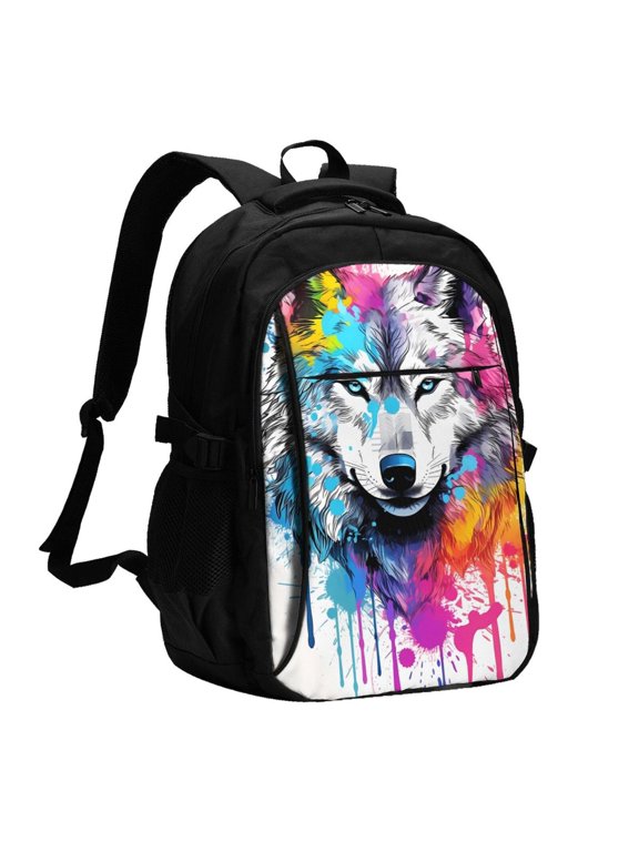 Cool Colorful Wolf for Travel Backpack for Women,15.6 inch Laptop Backpack Carry On Backpack Personal Item Travel Bag Daypack for School Weekender Business Trip
