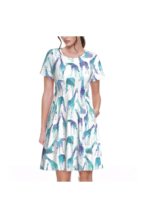 Cool Giraffe Pattern Womens Summer Dresses Short Sleeve Sundress 2025 Beach Vacation Dresses with Pockets -X-Large