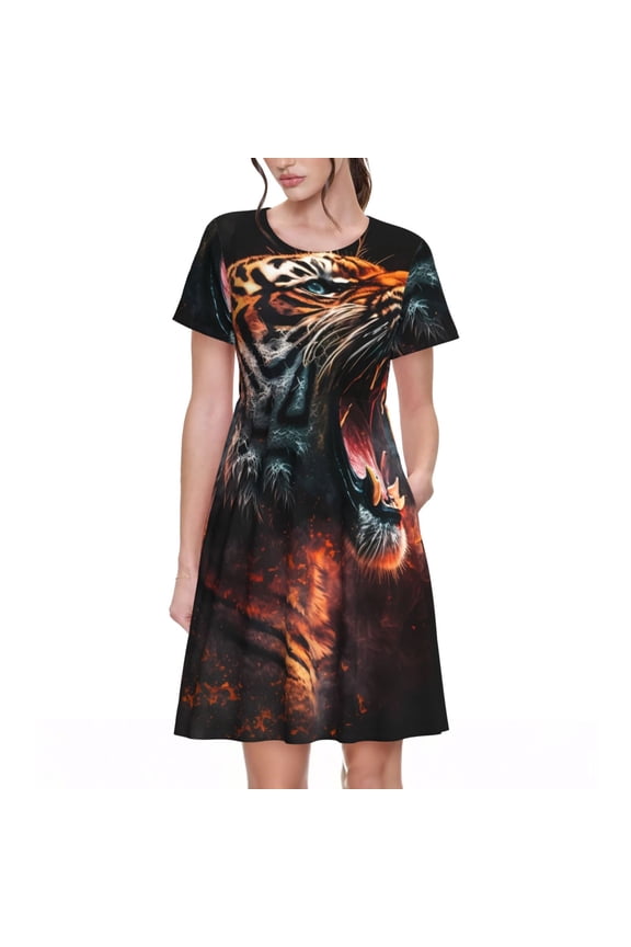 Cool Tiger Pattern Womens Summer Dresses Short Sleeve Sundress 2025 Beach Vacation Dresses with Pockets -Small