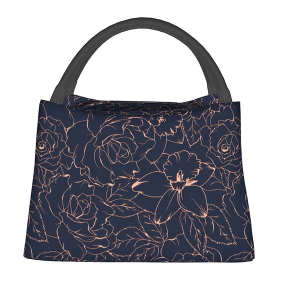 Defioc Copper-Gold Gloss Outline Flower Print Lunch Bag for Women Men,Insulated Lunch Bag Leakproof Cooler Tote Bag Organizer for Work Picnic or Travel