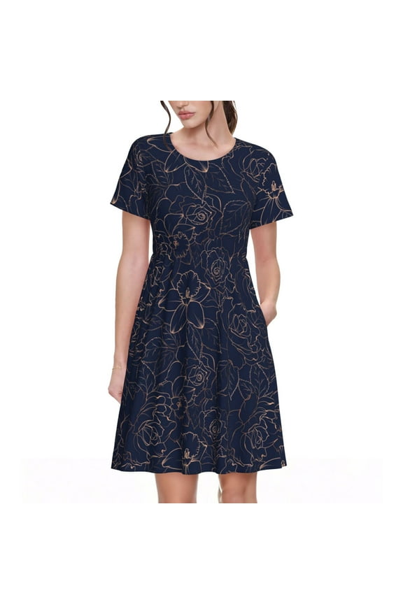 Copper-Gold Gloss Outline Navy Dark Blue Pattern Womens Summer Dresses Short Sleeve Sundress 2025 Beach Vacation Dresses with Pockets -Medium