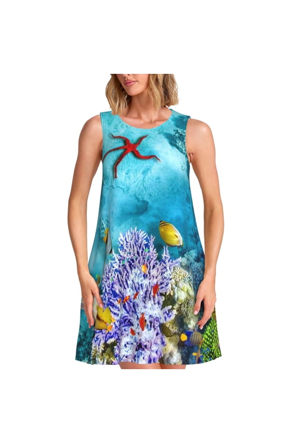 Corals and Tropical Fish Pattern Women's Summer Dresses 2025 Beach Casual Sleeveless Tank Loose Sundress Beach Vacation Clothes with Pocket -3X-Large