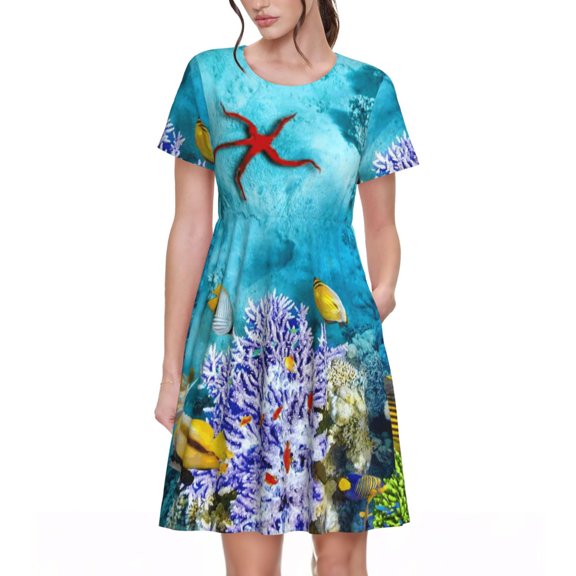 Defioc Corals and Tropical Fish Pattern Womens Summer Dresses Short Sleeve Sundress 2025 Beach Vacation Dresses with Pockets -Small