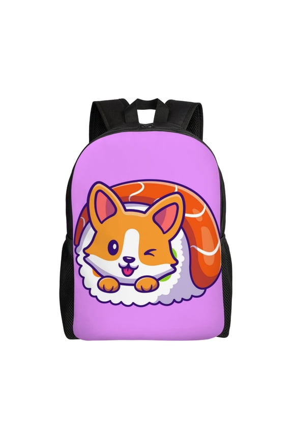 Corgi In Sushi Roll Print Backpack -Travel,or Work Bookbag Daypacks with 15-Inch Laptop Sleeve and Dual Water Bottle Pockets
