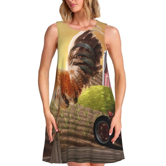 Defioc Country Farm Morning Rooster Pattern Women's Summer Dresses 2025 Beach Casual Sleeveless Tank Loose Sundress Beach Vacation Clothes with Pocket -3X-Large