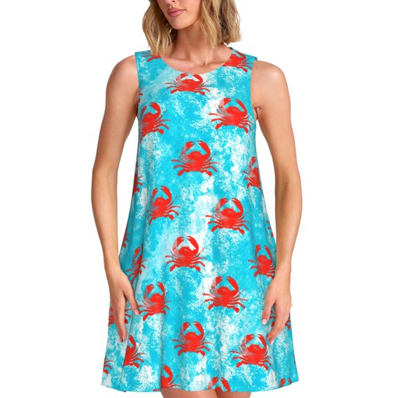 Defioc Crab Swims In The Ocean Pattern Women's Summer Dresses 2025 Beach Casual Sleeveless Tank Loose Sundress Beach Vacation Clothes with Pocket -3X-Large