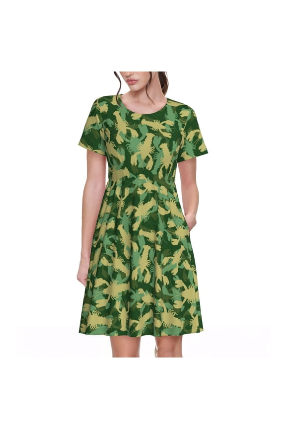 Crayfish Army Pattern Womens Summer Dresses Short Sleeve Sundress 2025 Beach Vacation Dresses with Pockets -XX-Large