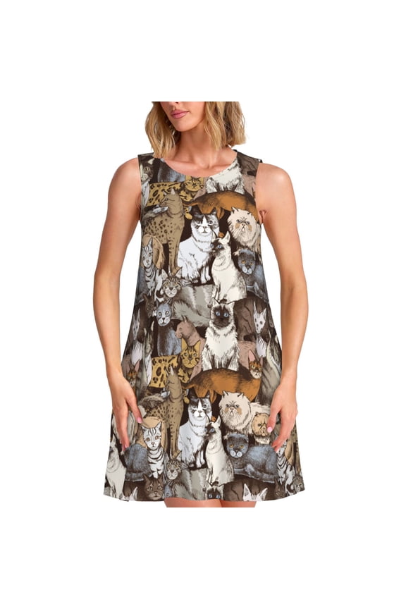 Cut Cats Pattern Women's Summer Dresses 2025 Beach Casual Sleeveless Tank Loose Sundress Beach Vacation Clothes with Pocket -XX-Large