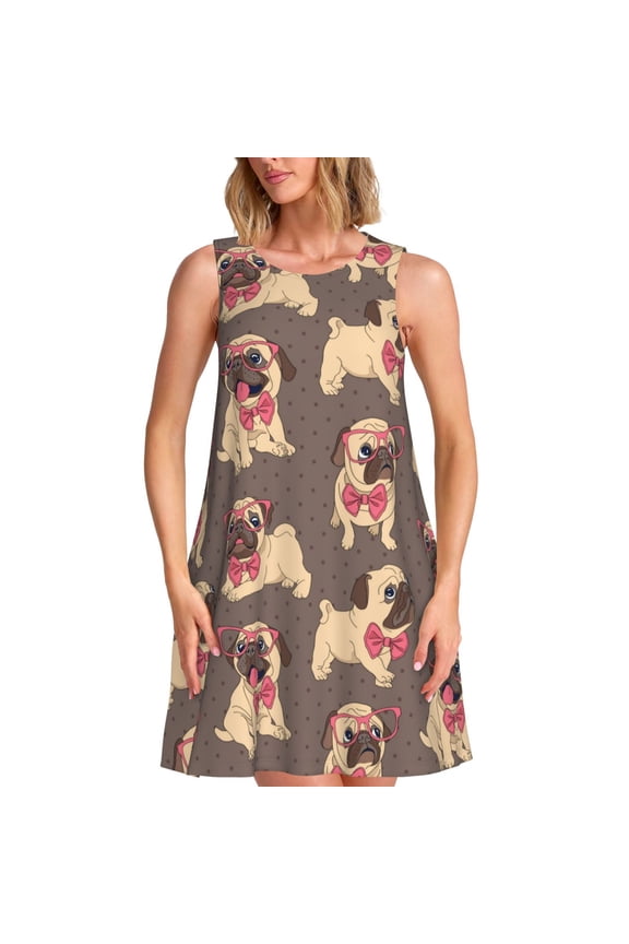 Cut Pug Pattern Women's Summer Dresses 2025 Beach Casual Sleeveless Tank Loose Sundress Beach Vacation Clothes with Pocket -XX-Large